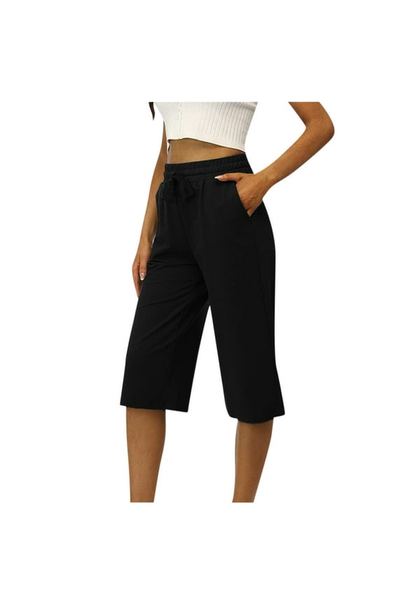 Capris for Women Casual Summer High Waisted Elastic Drawstring Cropped Trousers Womens Plus Size Capris Pants with Pockets S-5XL