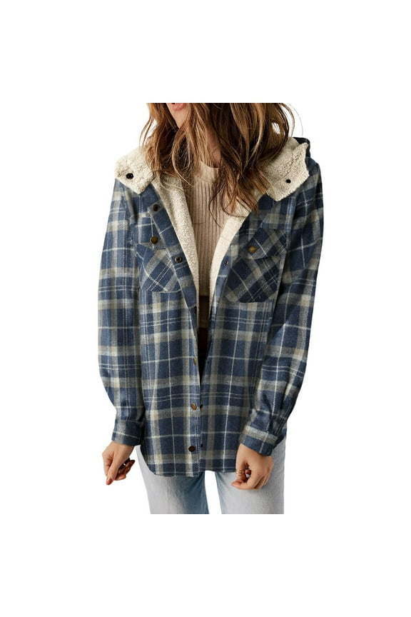 2023! Womens Sherpa Fleece Lined Flannel Jacket Warm Button Up Fall Winter Casual Plaid Hooded Long Sleeve Jackets Coat