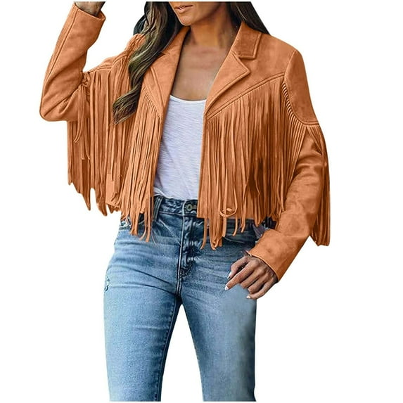 pbnbp Crppped Jacket Women, Fringe Coat for Women Faux Suede Leather Cowboy Style Coat Long Sleeve Tassels Cardigan Coat
