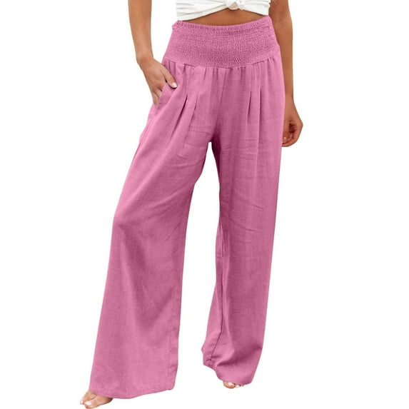 pbnbp Linen Pants Women Summer Basic High Waisted Solid Color Plus Size with Pockets Full Length Wide Leg Trousers Flowy Pants for Women