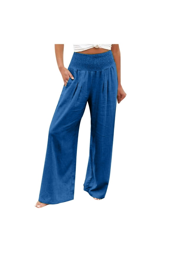 Linen Pants Women Summer Basic High Waisted Solid Color Plus Size with Pockets Full Length Wide Leg Trousers Womens Pants Dressy Casual