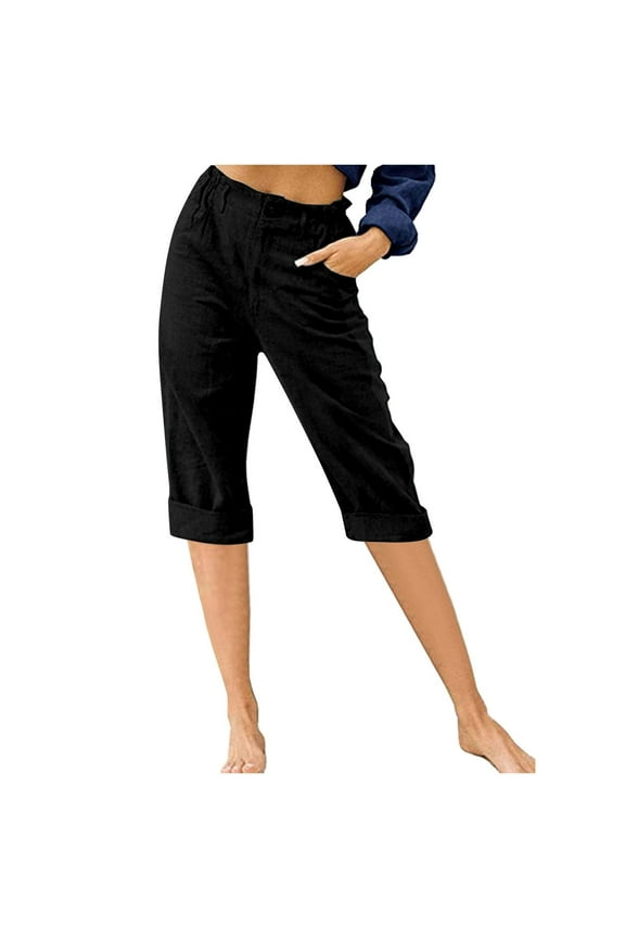 Linen Pants Women Summer Casual Petite Dress Slacks Pull On Capri Pants Plus Size Womens Stretch Capris with Pcokets
