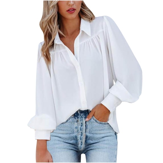 pbnbp Long Sleeve Button Down Shirts for Women Work Office Dressy Blouses 2023 Lapel V Neck Balloon Sleeve Top Shirt