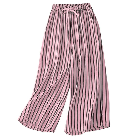 pbnbp Plus Size Wide Leg Pants for Women Striped High Waist Stretch Cotton Linen Draped Straight Leg Pants with Pockets