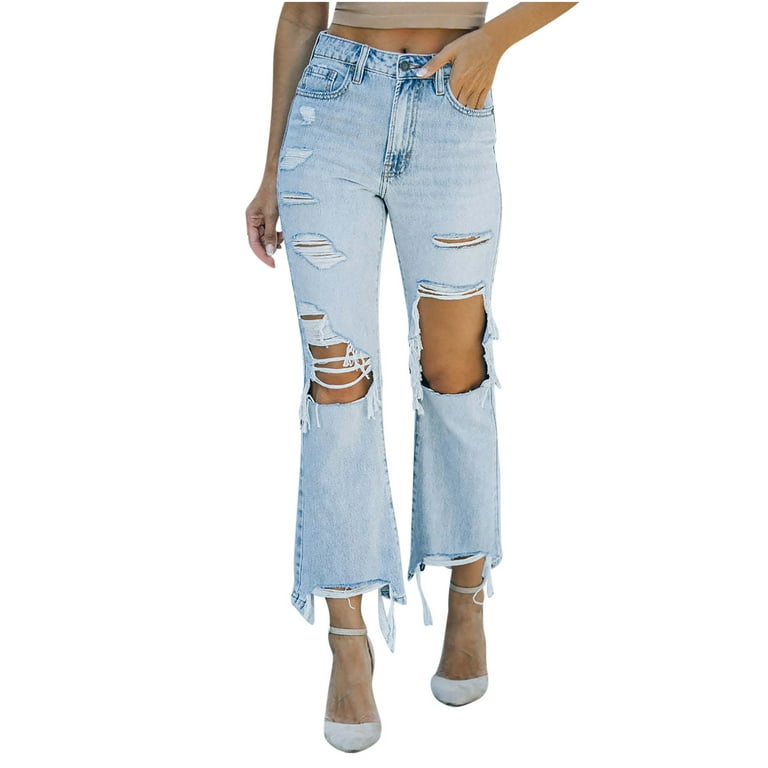 Pbnbp Ripped Jeans for Women Casual Mid Rise Faryed Raw Hem Destroyed Stretchy Ankle Length Denim Pants Boot Cut Jeans for Women, Women's, Size: Small