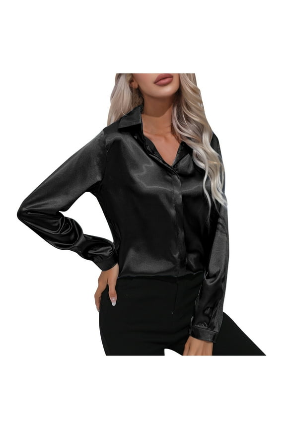 Satin Tops for Women Slim Plain Color Dressy Casual Blouses 2024 Comfy Long Sleeve V Neck T-Shirts
