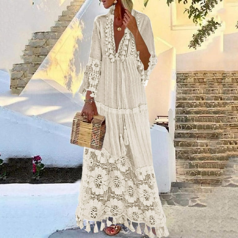 pbnbp Summer Boho Dress for Women V Neck Long Sleeve Tassel Plus Size Long  Lace Hollow Dress Vacation Beach Ethnic Style Maxi Dresses 