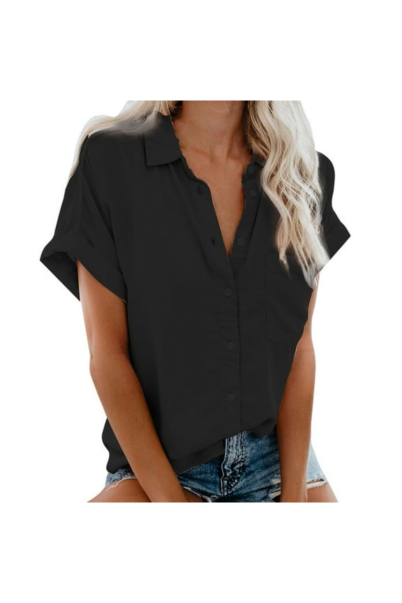 Women Button Down Shirts Office Drop Shoulder Oversized Blouse Lape V Neck Short Sleeve Boyfriend Dress Shirt with Pocket