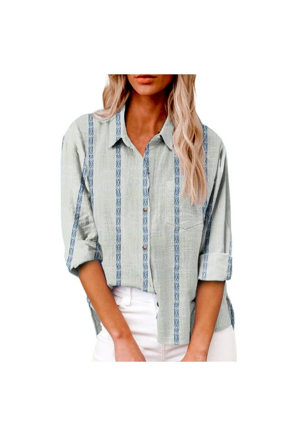 Women Casual Plaid Stripes Long Sleeve Button Down Linen Shirts Fall Fashion Collared V Neck T Shirts Work Office Business Casual Tops for Women Front Pockets Dresssy Blouses on Clearance