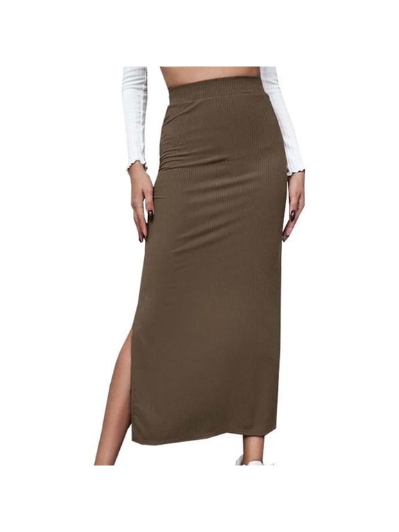Women High Elastic Waist Bodycon Skirts Solid Knit Straight Stretch Pencil Maxi Skirt Wrap Side Split Long Skirt