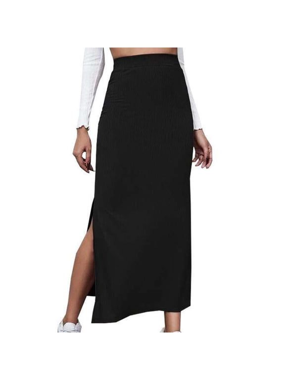 pbnbp Women High Elastic Waist Bodycon Skirts Solid Knit Straight Stretch Pencil Maxi Skirt Wrap Side Split Long Skirt