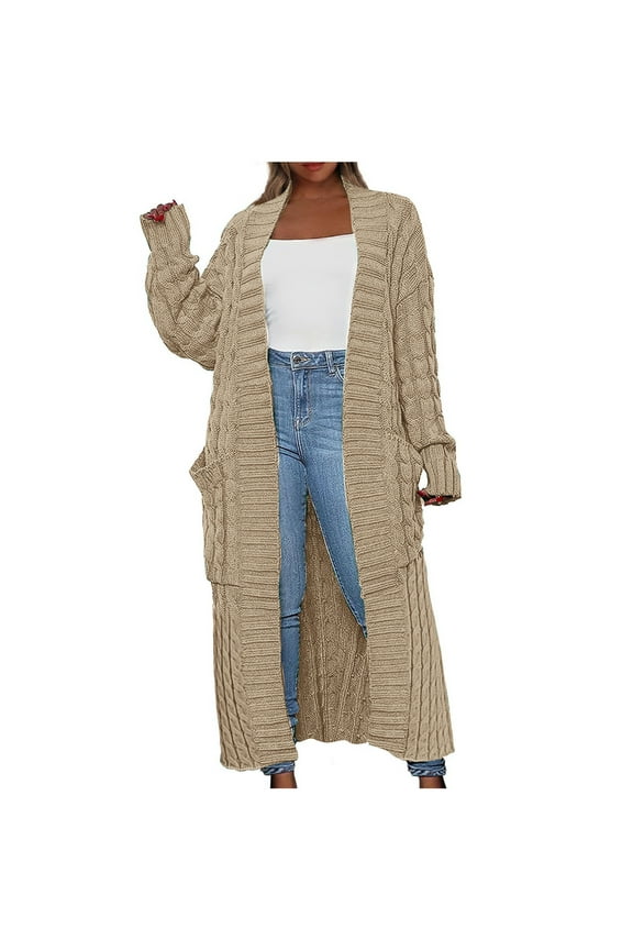 Women's Maxi Long Cardigan Sweaters Solid Color Open Front Chunky Cable Knit Outwear Coat Loose Duster Sweater with Pockets