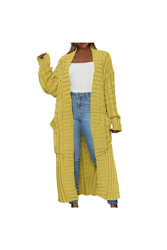 Women's Maxi Long Cardigan Sweaters Solid Color Open Front Chunky Cable Knit Outwear Coat Loose Duster Sweater with Pockets