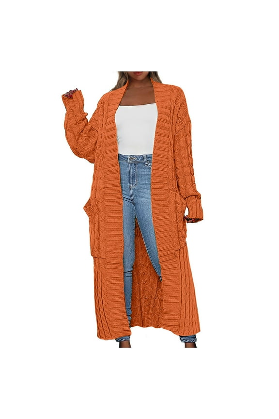 Women's Maxi Long Cardigan Sweaters Solid Color Open Front Chunky Cable Knit Outwear Coat Loose Duster Sweater with Pockets