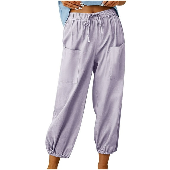 pbnbp Women's Plus Size Cotton Linen Solid Pockets Drawstring Capri Pants, Plus Size Womens Capris with Pockets