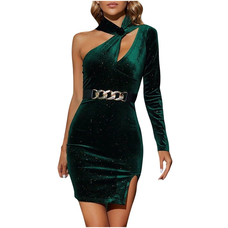 pbnbp Women’s Slanted Hollow One Shoulder Velvet Dress Sexy Side 