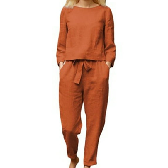 pbnbp Women's Solid Color Two Piece Round Neck Top + Pants Set