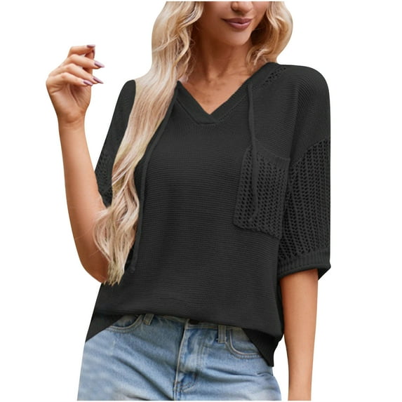 pbnbp Women's V-Neck Short Sleeve Pullover Sweaters Drawstring Hooded Knitted Jumper Tops 2024 Casual Dressy Sweater Blouses Summer Savings Clearance!