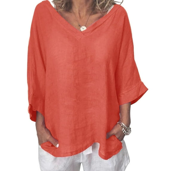 pbnbp Womens 3/4 Sleeve Cotton Linen Shirts Plus Size V Neck Loose Fit Tops Lightweight Blouses for Women
