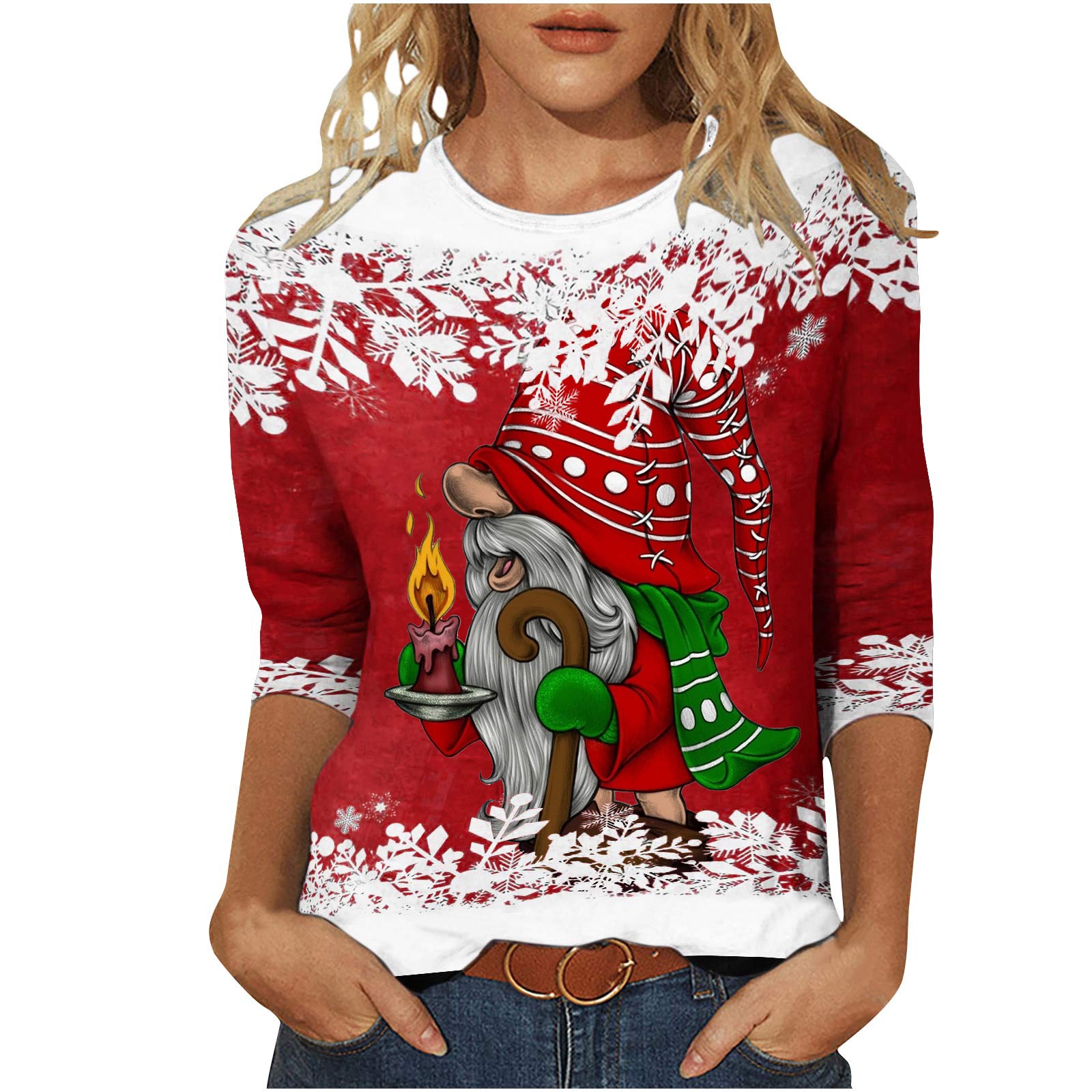 pbnbp Womens Casual Crewneck 3/4 Sleeve Fashion Xmas Gnomes Print Funny Christmas Shirts