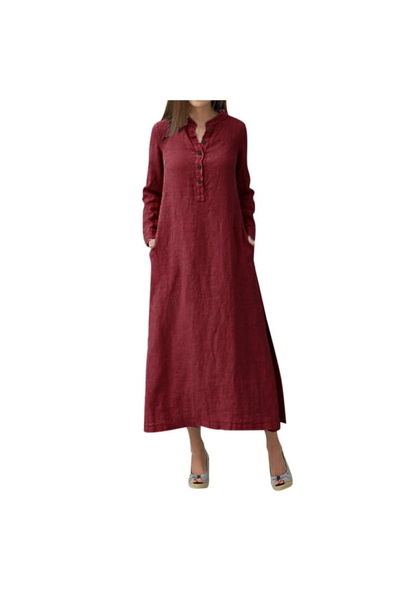 Womens Summer Cotton Linen Dresses Plus Size Casual Solid Button Down Lapel V Neck Long Sleeve with Pockets Ankle-Length Maxi Dress