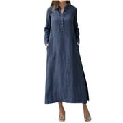 pbnbp Womens Summer Cotton Linen Dresses Plus Size Casual Solid Button Down Lapel V Neck Long Sleeve with Pockets Ankle-Length Maxi Dress
