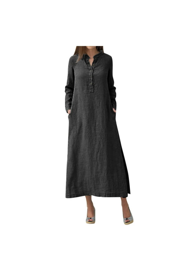 Womens Summer Cotton Linen Dresses Plus Size Casual Solid Button Down Lapel V Neck Long Sleeve with Pockets Ankle-Length Maxi Dress