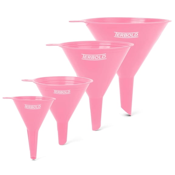 Terbold 4pc Funnel Nesting Set in BPA Free Plastic for Kitchen Cooking, Car Oil, Home, or Lab Use (Pink)