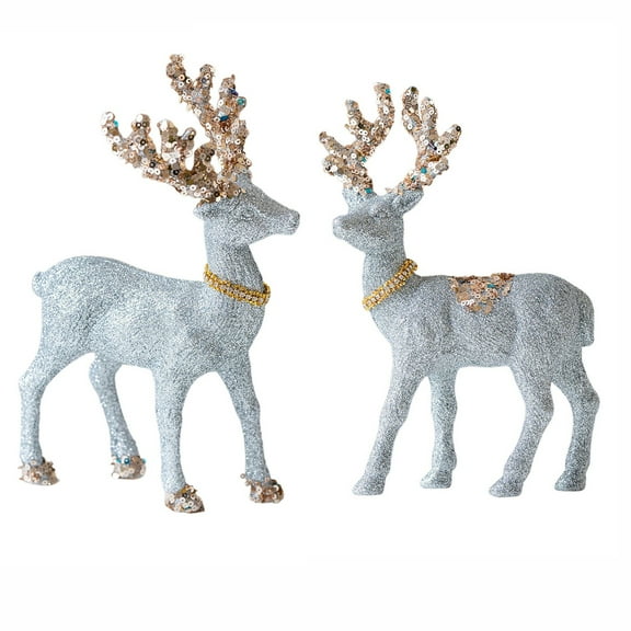 pdqouc 2Pcs Christmas Reindeer Figures Glitter Christmas Deer Ornament Family Holiday Decor Window Display Scene Matching for Holiday Party Decoration Xmas Gift Home Decor Accessories Silver