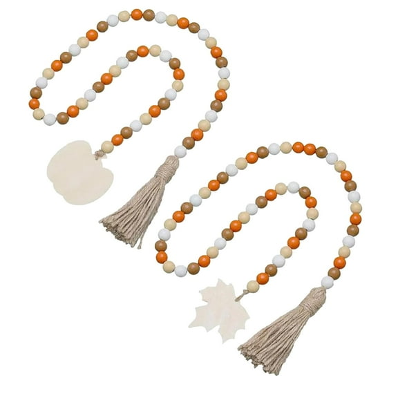 pdqouc 2Pcs Fall Wood Bead Tassel Pumpkin and Maple Leaves 39 Inch Garland Farmhouse Rustic Bead with Jute Rope Plaid Tassel Thanksgiving Decoration