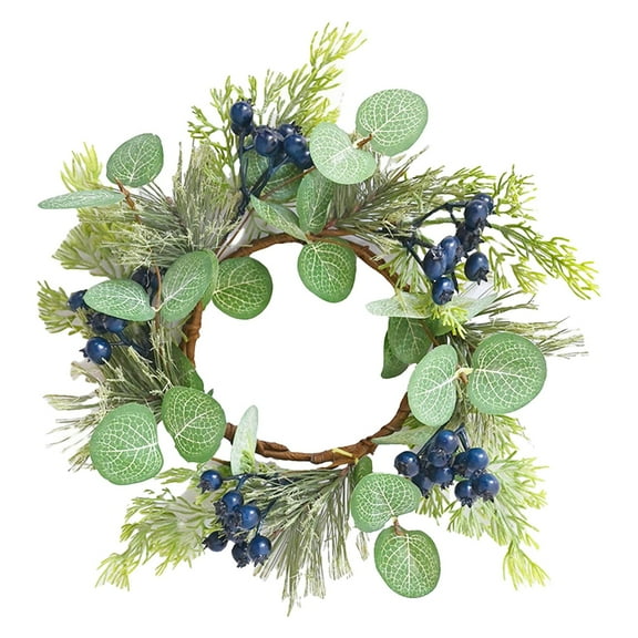 pdqouc 4 Inch Holiday Blueberry Candle Wreath; Christmas Candle Rings Wreaths Center Winter Wedding Decor Rustic Candle Rings Set with Artificial Blue Berry Leaves Needle