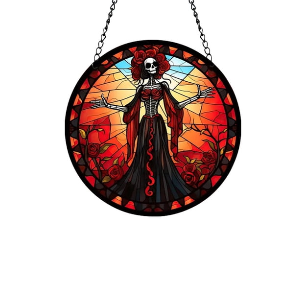 pdqouc 5.9" Skull Stained Acrylic Window Hanging, Gothic Skeleton Suncatcher Wall Decor for Office Home, Painted Acrylic Ornament, Creative Halloween Gift, Spooky Room Decor