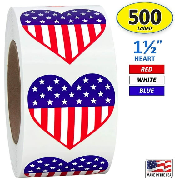 pdqouc 500 Pieces Independence Day Stickers Heart Shape American Flag Self Adhesive Patriotic Sticker 1 Roll 4th of July Stripe Star Gifts Box Card Home Decoration Sticker