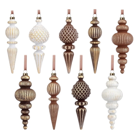 pdqouc 9 Pcs Neutral Finial Christmas Ornaments Xmas Tree Decor, Vintage Textured Copper Tree Ornaments with Loop, Farmhouse Hanging Baubles, Rustic Decor, for Shatterproof Home Wreath