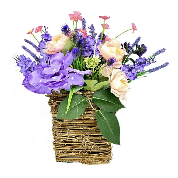 pdqouc Clearance Hydrangea Door Hanger Basket Wreath 2025 Spring Front Door Wreath Home Porch Farmhouse Decor with Berry Wildflowers Boho Style Indoor Outdoor Hanging Floral Arrangement 13"x 13.78"