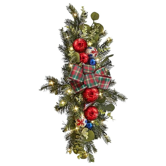 pdqouc Clearance Light Up Christmas Swag Wreath,Cordless Prelit Stairway Swag Trim,Hanging Stair Teardrop Swag Garlands,Christmas Wreaths Decoration for Front Door Wall Window Holiday Xmas Decor 1PC