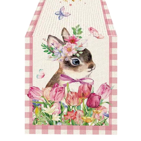 pdqouc Easter Table Runner Festive Bunny Egg Small Print Vintage Easter Decoration Linen Tablecloth Easter Home Decor Wool Table Wedding Dining Table Centerpieces Cheesecloth Table Cloth
