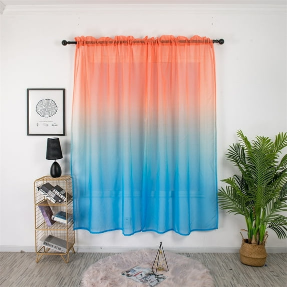 pdqouc Fashion Gradient Color Curtain Vintage Soft Tulle Door Window Curtains Drape Sheer Scarf Curtain 1PC Panel Orange Blue Color Blocking Home Decoration