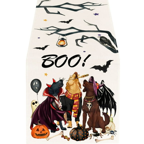 pdqouc Halloween Table Decoratiosn Linen Witch Bat & Cat Halloween Table Runner Dust & Elegant Décor Thanksgiving Table Runners 47/72/108 Inches Long Christmas Coffee Table Decor