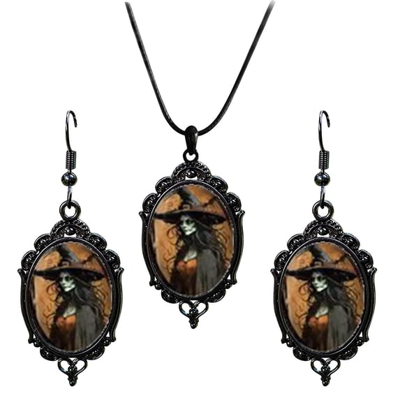 pdqouc Halloween Witch Jewelry Set for Women Witch Earrings Necklace Set Goth Bat Earring Necklaces Gothic Earring Halloween Jewelry Accessories
