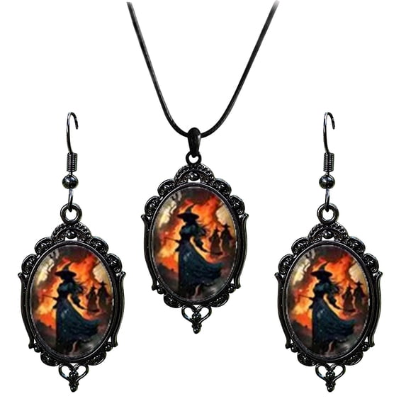 pdqouc Halloween Witch Jewelry Set for Women Witch Earrings Necklace Set Goth Bat Earring Necklaces Gothic Earring Halloween Jewelry Accessories