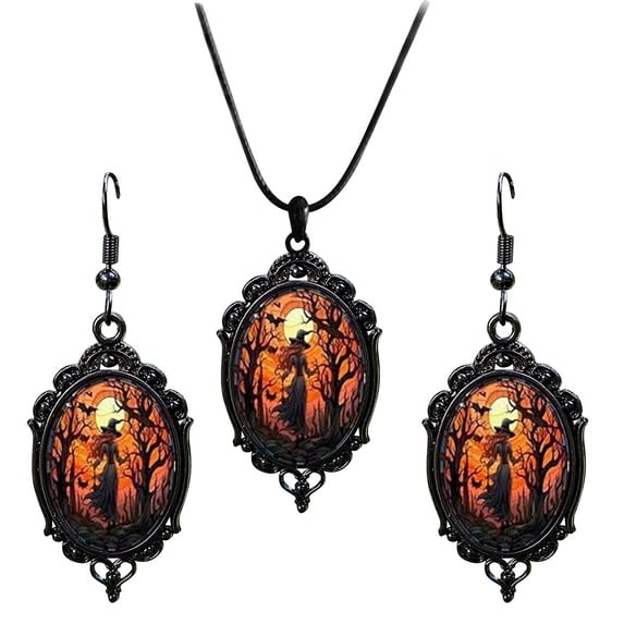 pdqouc Halloween Witch Jewelry Set for Women Witch Earrings Necklace Set Goth Bat Earring Necklaces Gothic Earring Halloween Jewelry Accessories