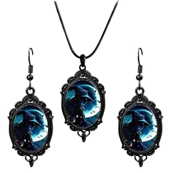 pdqouc Halloween Witch Jewelry Set for Women Witch Earrings Necklace Set Goth Bat Earring Necklaces Gothic Earring Halloween Jewelry Accessories