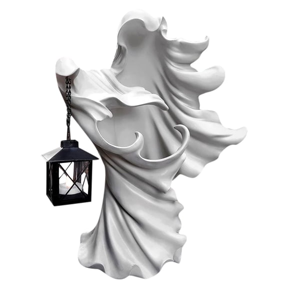 pdqouc Resin Ghost Lantern Halloween Decor, FacelessGhost Figurine with Candle Light, Vintage Barrel Ghost Statue for Tabletop, Spooky Holiday Home Decor