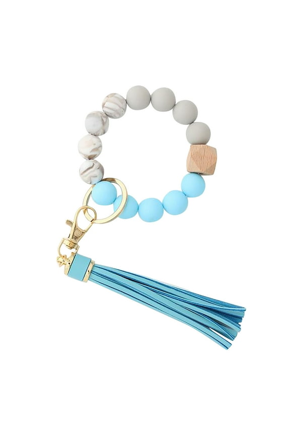 Silicone Key Ring Bracelet Fashion Women Beaded Bangle Keychain Wristlet Leather Tassel White Brown Khaki Pendant Gifts for Mom Female Girls