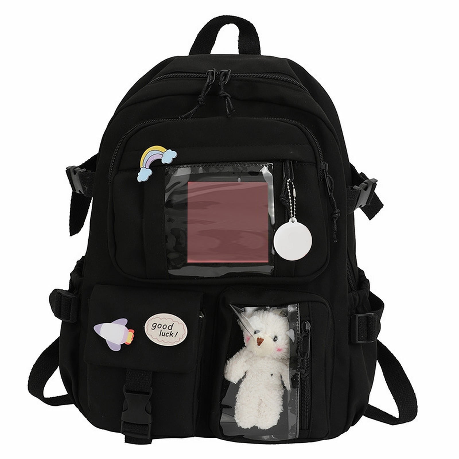pdqouc Solid Color Backpack School Bag with Cute Hanging Ornament Durable Bags Gift for Teen Women Men