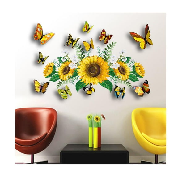 pdqouc Sunflower Wall Stickers with 3D Butterfly Design Creative Sunflowers Wall Sticker Butterfly Wall Decals Living Room Bedroom Sofa Background Decor