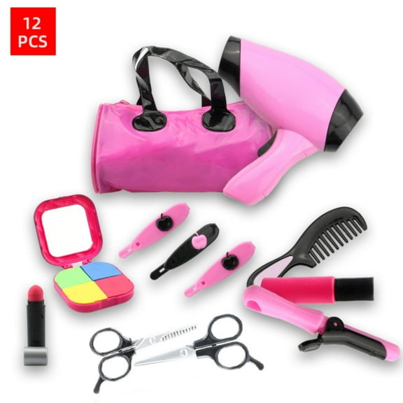 pdqouc Toys Kids Beauty Salon Set Stylish Girls Beauty Fashion Pretend Play Toy with Cosmetic Bag Hairdryer Curling Pallet with Lipstick & Styling Accessories 12