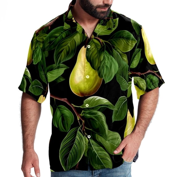 pear Men's Short Sleeve Hawaiian Shirt, Poplin Casual Printed Button Down, Summer Beach Unisex Shirts