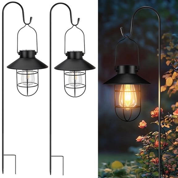 pearlstar 2 Pack Solar Lights Outdoor, Hanging Solar Lanterns with Edison Bulb and 2 x 32 Inch Shepherd Hooks, Waterproof Landscape Lighting for Garden Patio Yard Pathway Driveway Lawn (Copper)